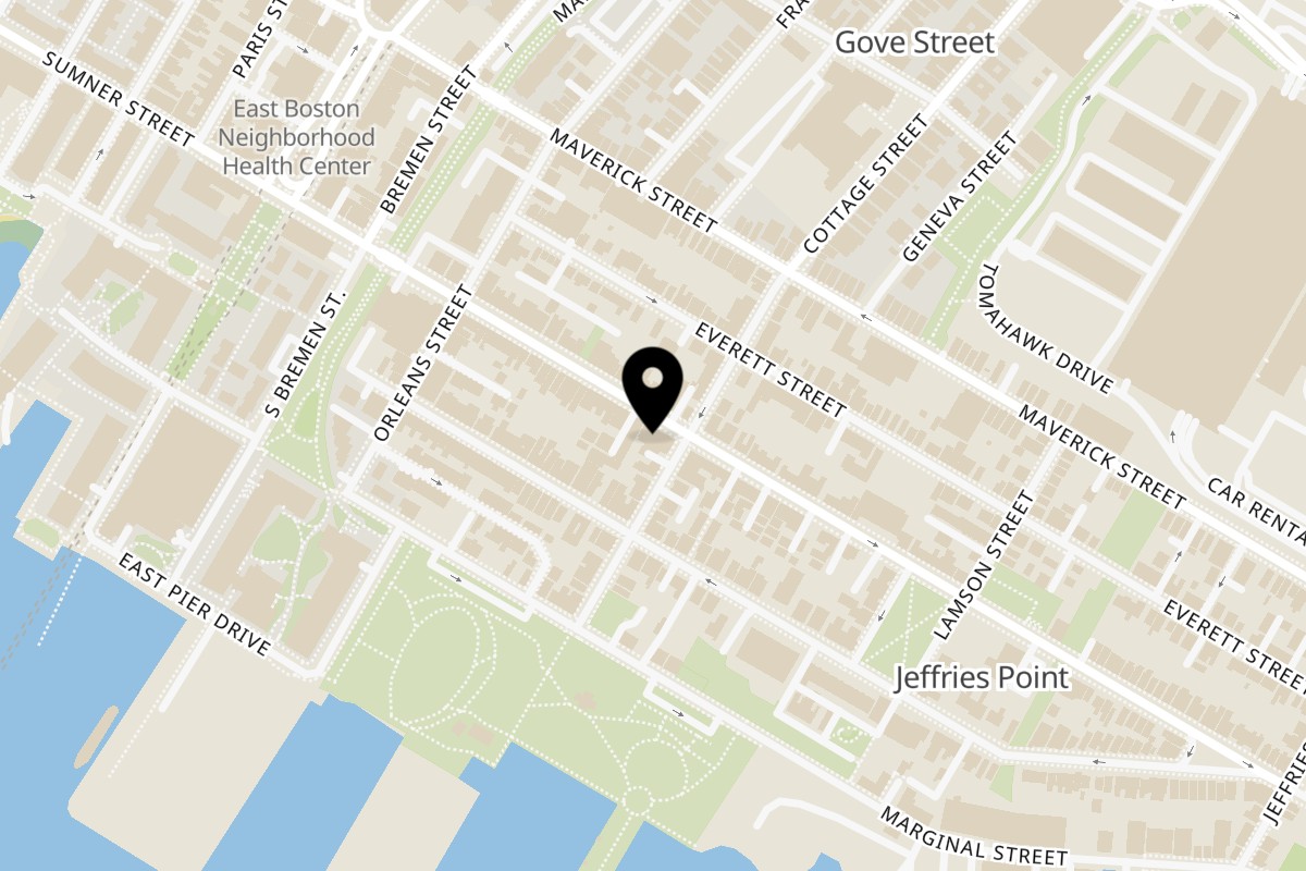Map showing the location of Koro Ramen & Sushi East Boston on 329 Sumner St in East Boston
